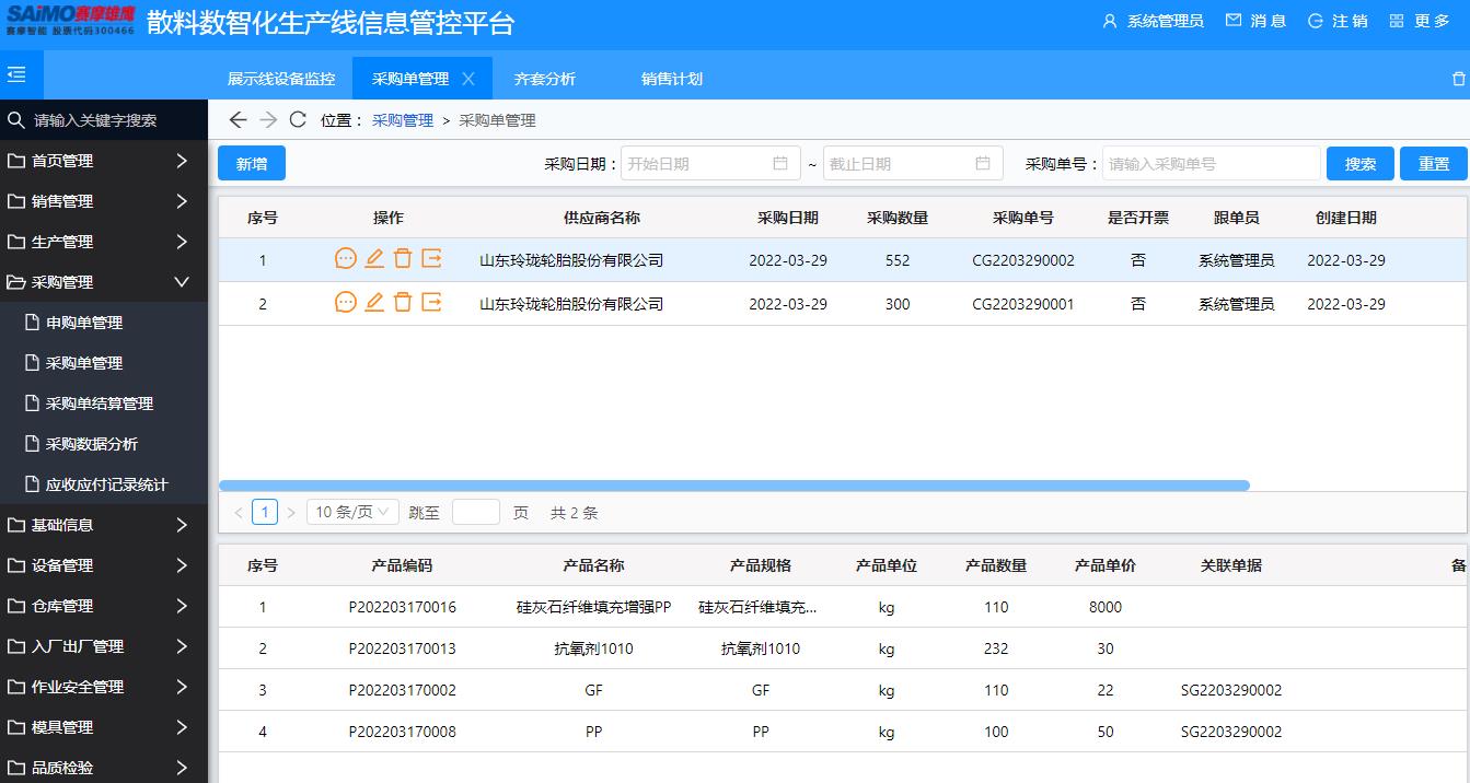 3、采购管理 　　库存人员或采购人员进行申购计划提交，由审核人员进行审批。采购人员根据申购产品进行申购；对采购单进行结算管理，付款状态、进度实时跟踪。